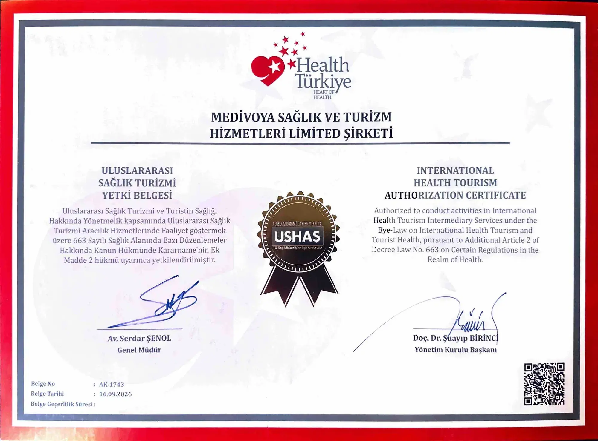 Medivoya's International Health Tourism Authorization Certificate no. AK-1743, issued by USHAŞ